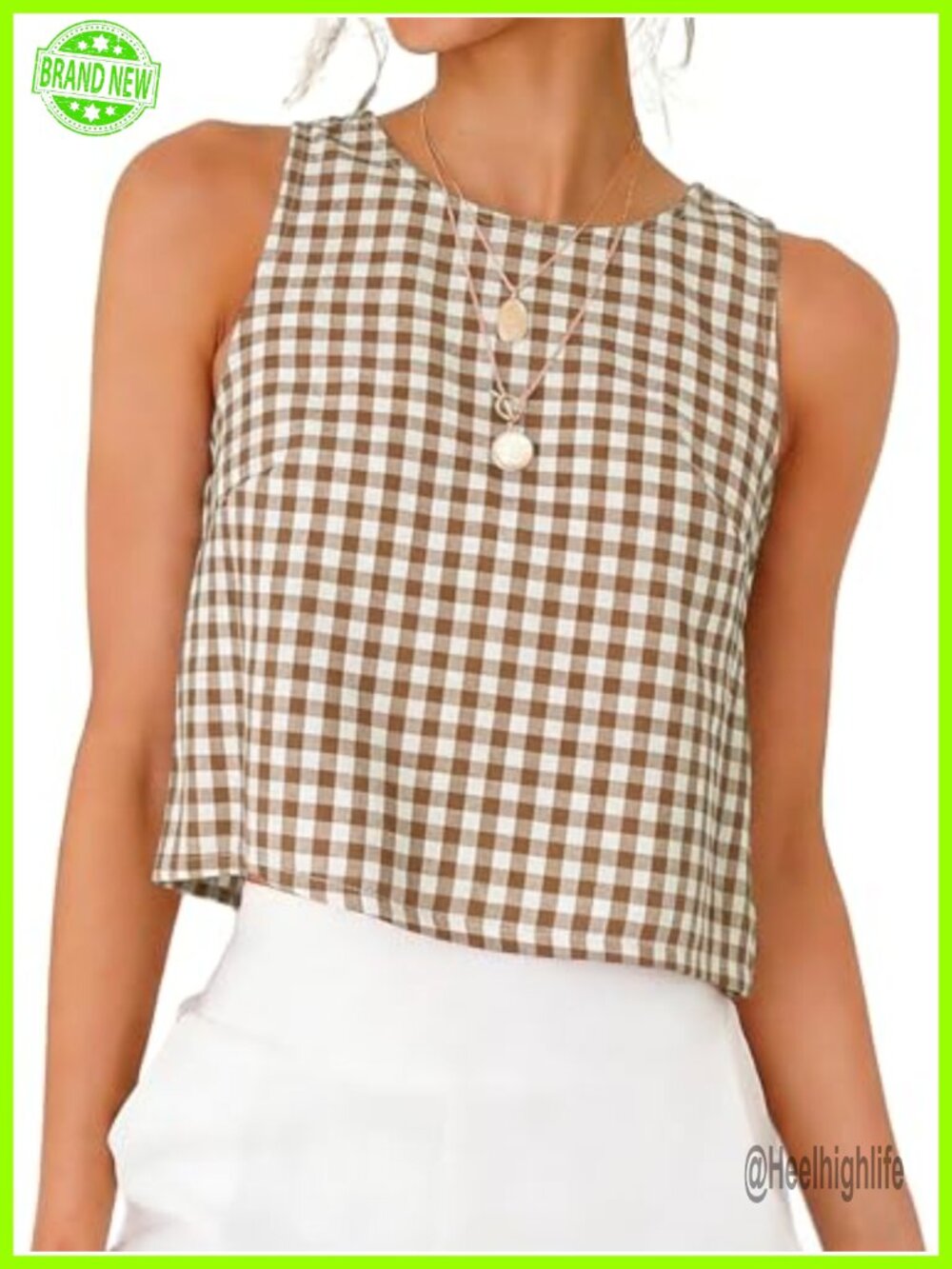 Gingham Crop Tank Top Sleeveless High Neck Back Buttons Summer - Picture 1 of 3